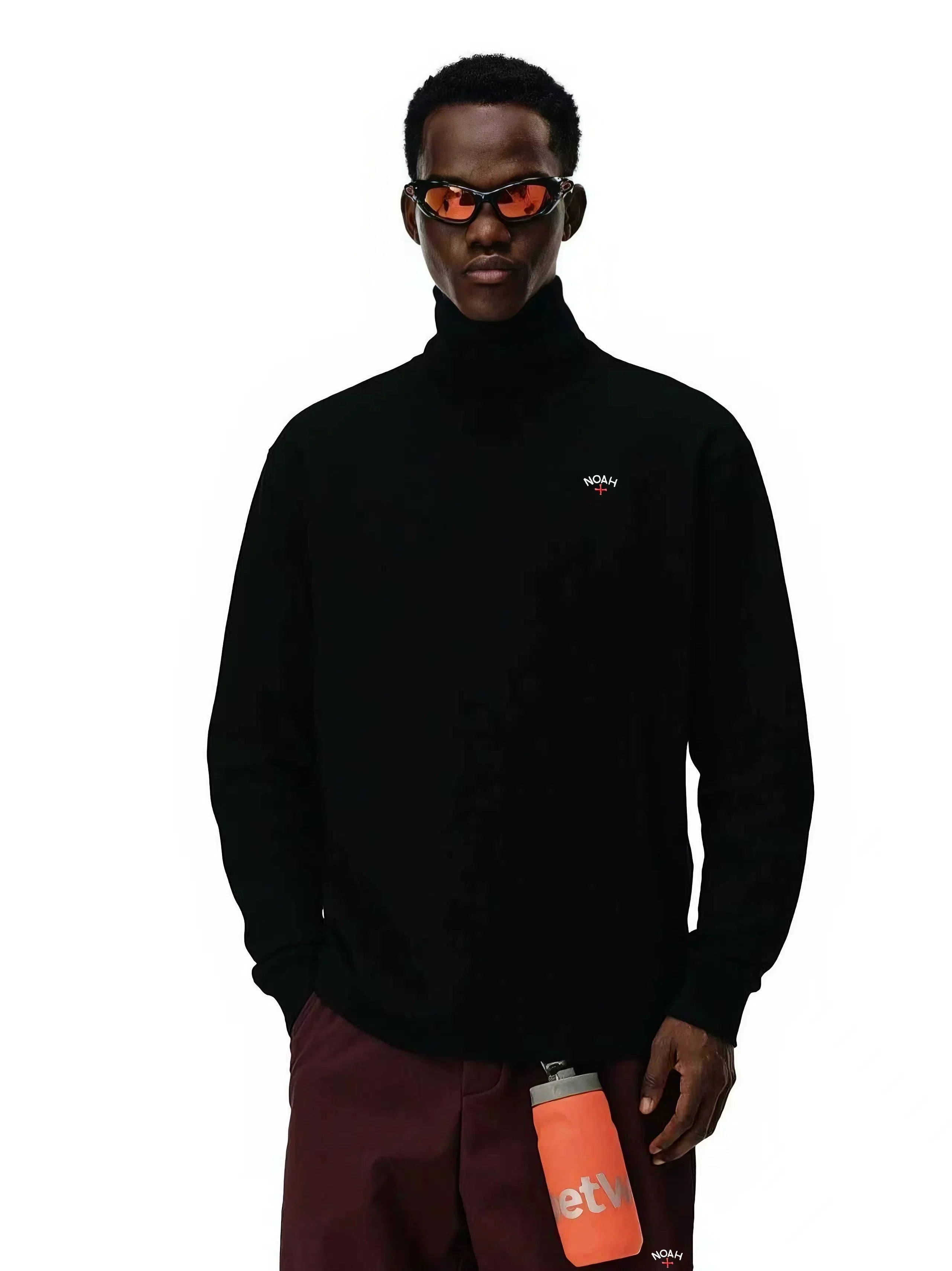 NOAH MARS Men Mock Neck Warm Base Long Sleeve Tee Chest Cross Embroidery Logo